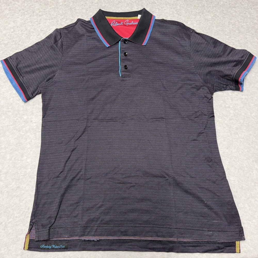 Robert Graham Polo Shirt Mens M Blue Micro Dot Classic Fit Knit Contrast Trim